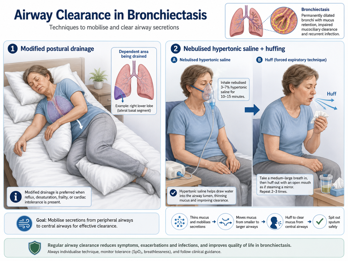 Bronchiectasis Airway Clearance: Postural Drainage, Modified Positions and Hypertonic Saline
